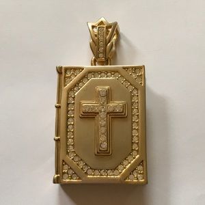 Bible Pendant Rapper Goldtone Faux Diamonds EUC